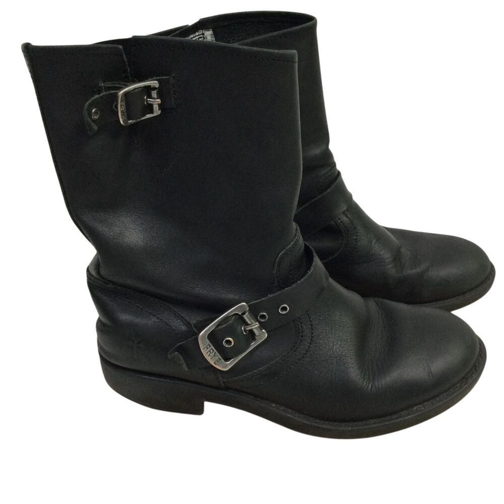 Frye Girls Engineer Moto Boots Pull-on Mid-Calf Leather in Black Youth 3